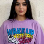 "Wake Up, Write Code" - Lilac Oversized