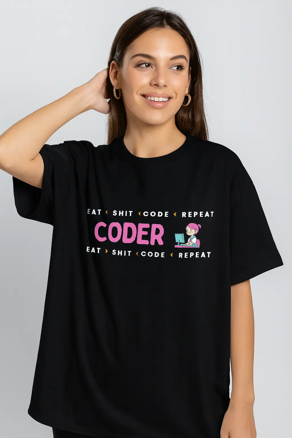 E- IMG 1 "Female Coder" - Black Oversized - Image 1